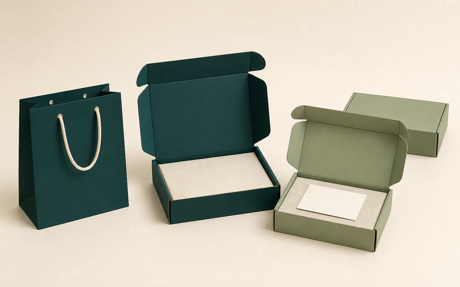 Paper bags mailer boxes and subscription boxes arranged for coordinated delivery packaging