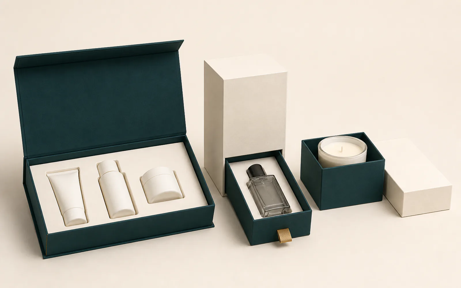 Beauty fragrance and candle packaging family with coordinated rigid boxes and inserts