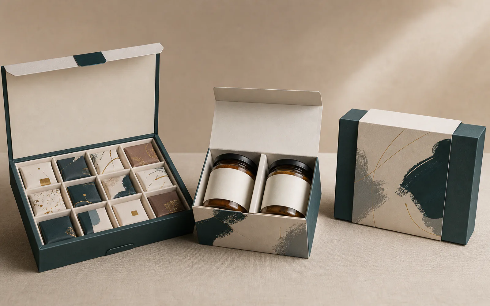 Chocolate and food gift paper packaging family with trays sleeves and seasonal presentation