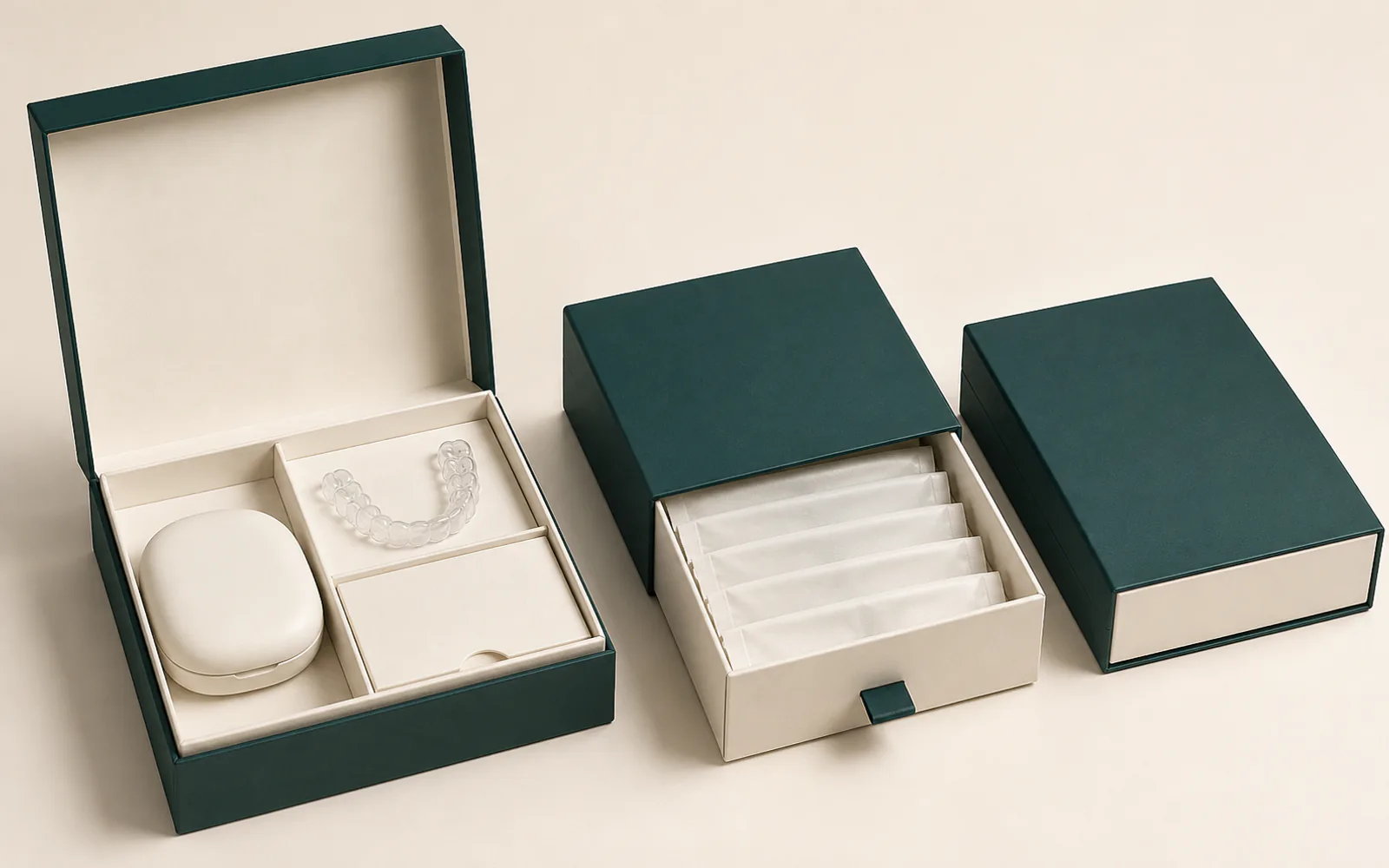 Dental aligner and orthodontic kit packaging family with organized paper compartments