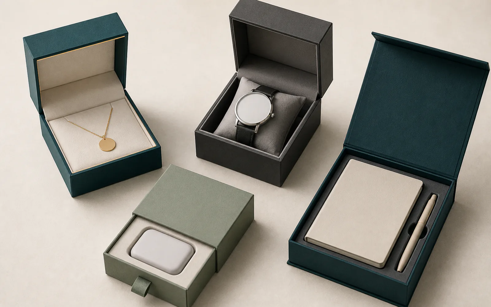 Jewelry watch electronics and corporate gift boxes with varied protective inserts