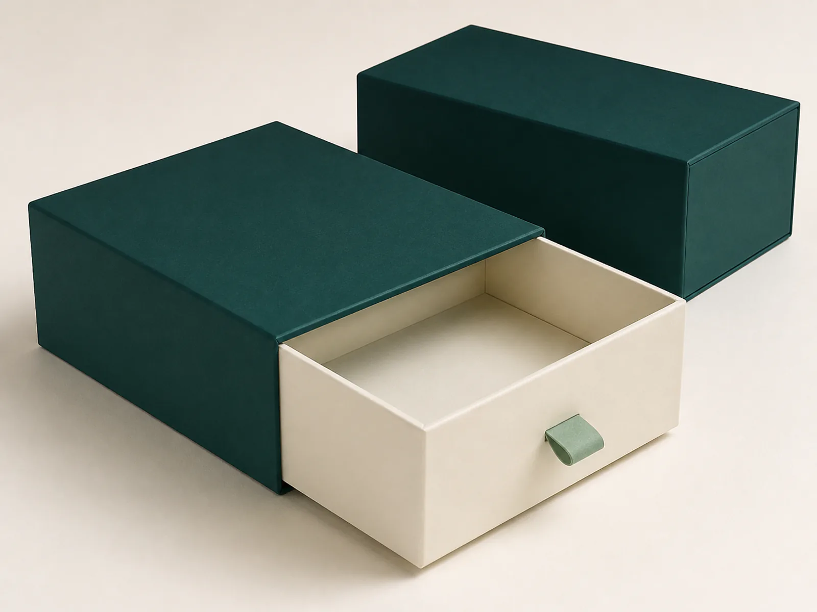 Drawer box partly open with rigid sleeve ribbon pull and fitted inner tray