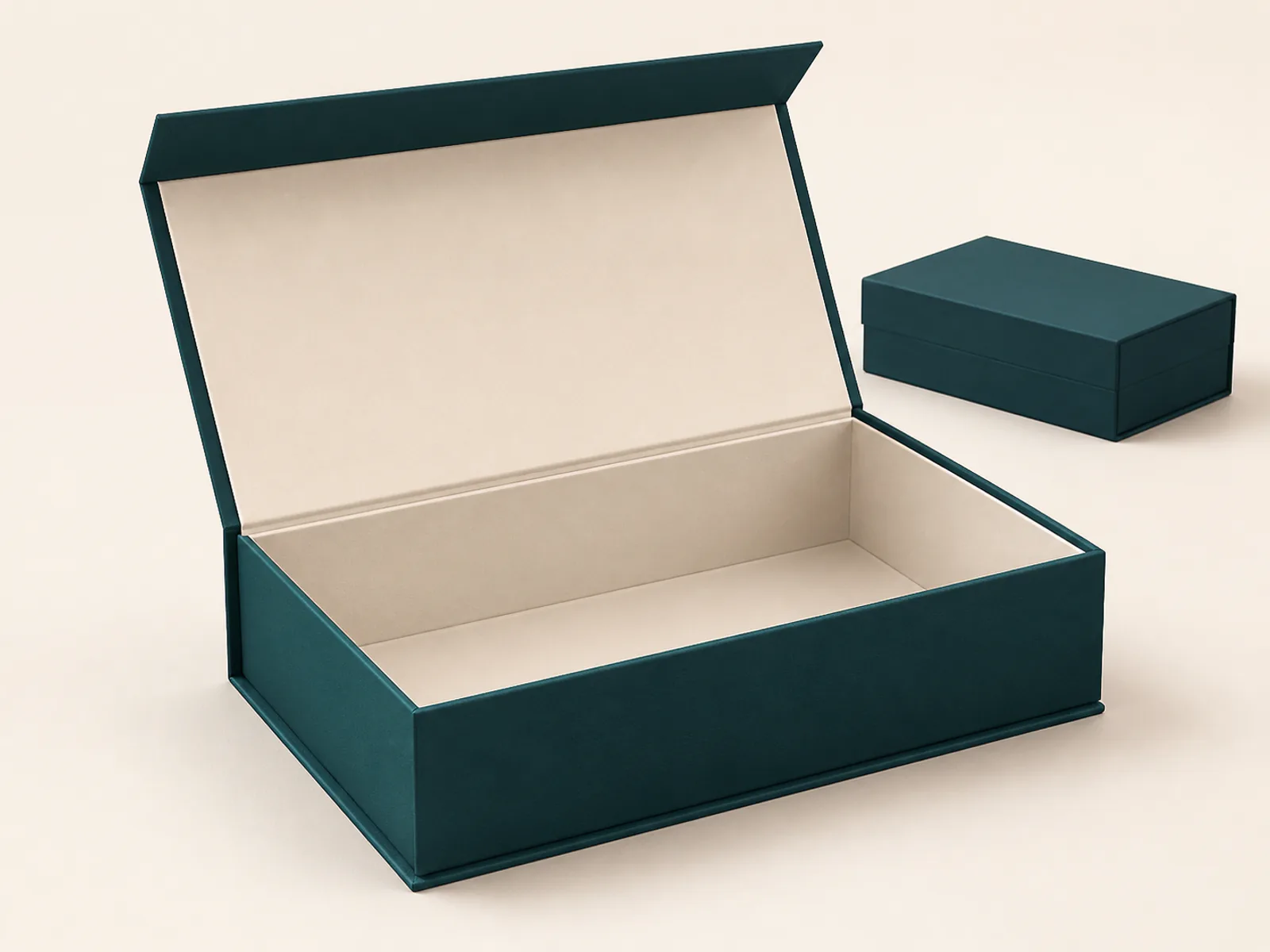 Open book-style magnetic rigid box with realistic wrapped-board hinge and fitted insert