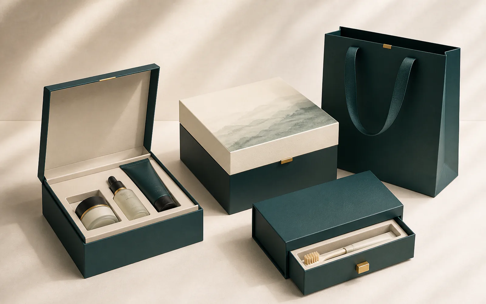 Curated ivory and deep teal paper packaging collection with refined gold details