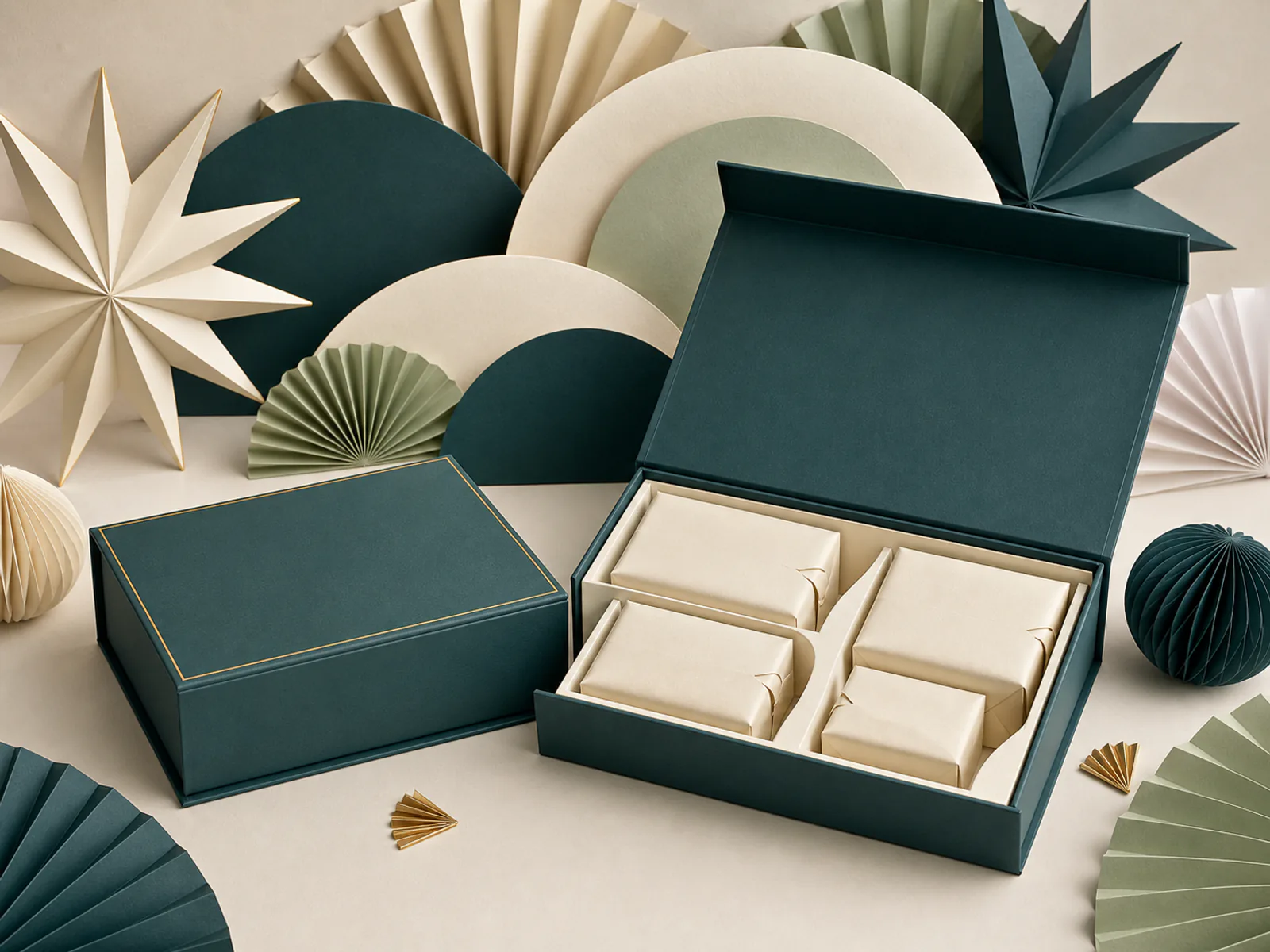 Illustrative holiday paper gift box concept with seasonal geometry and restrained gold details