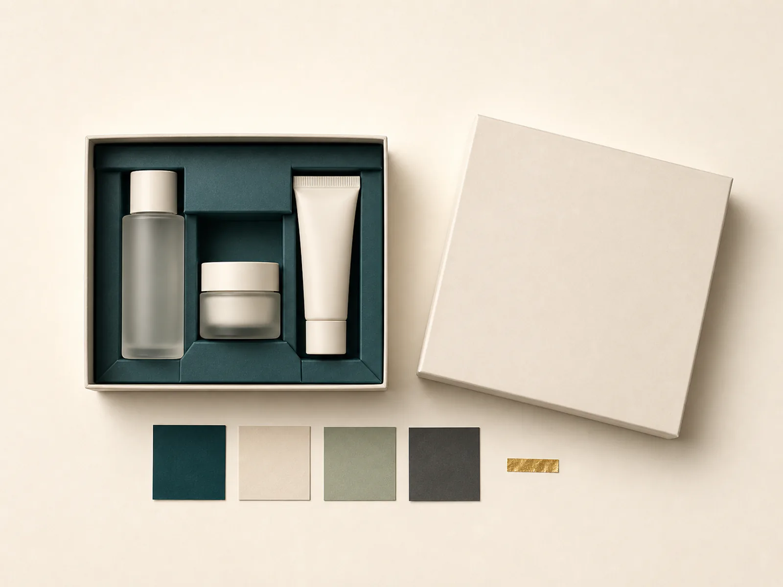 Illustrative beauty PR packaging flat lay with unbranded products and refined rigid box