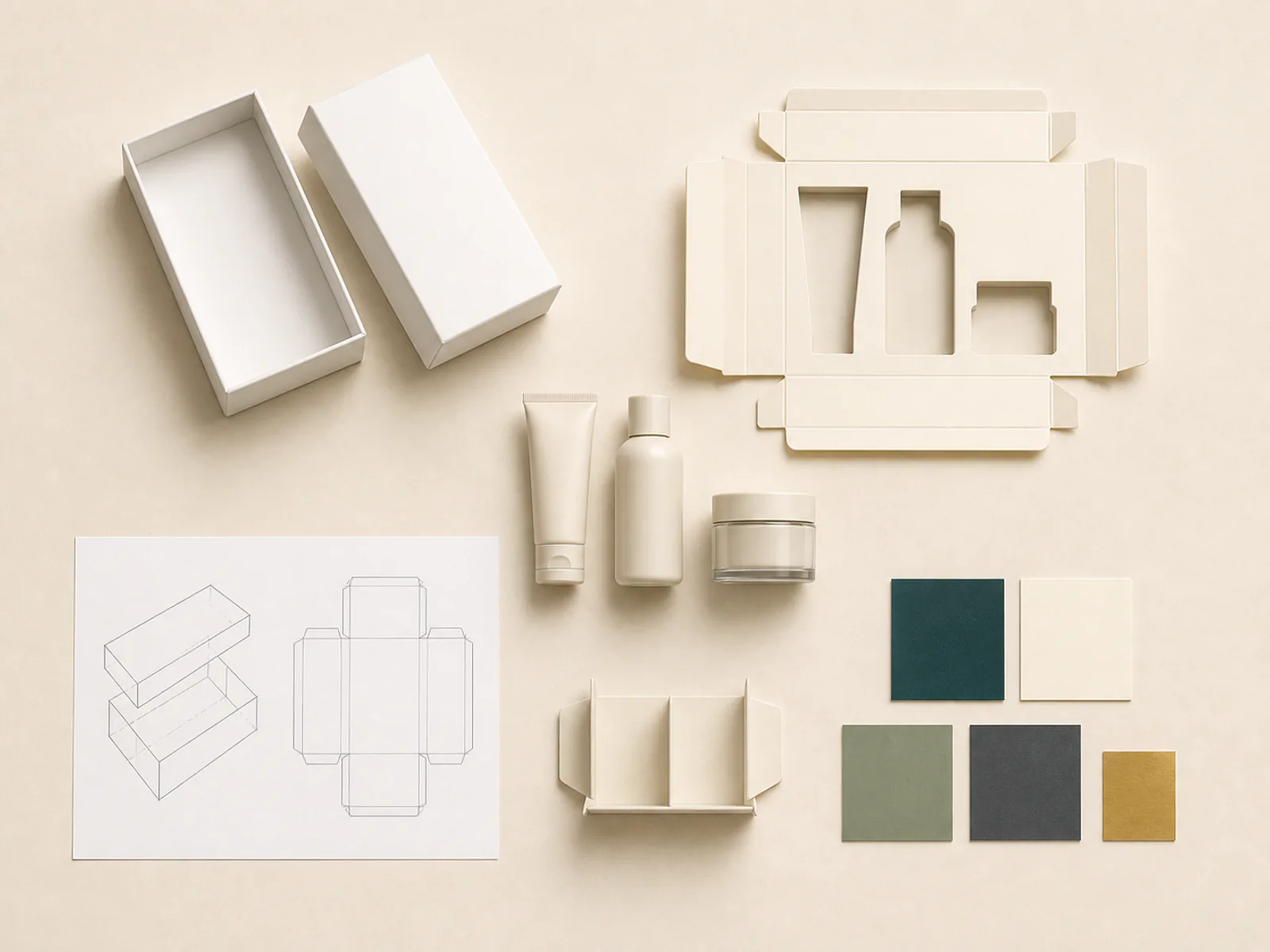 Illustrative beauty gift set packaging plan with neutral bottles structural mockup and material board
