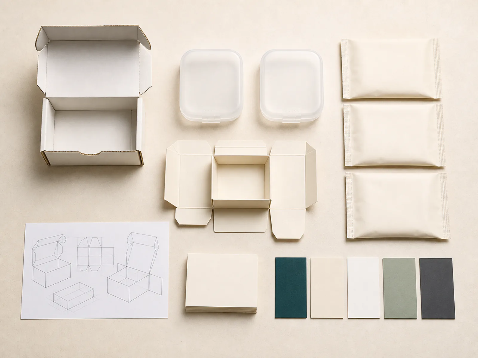 Illustrative dental aligner kit packaging plan with compartment layout and paper prototype