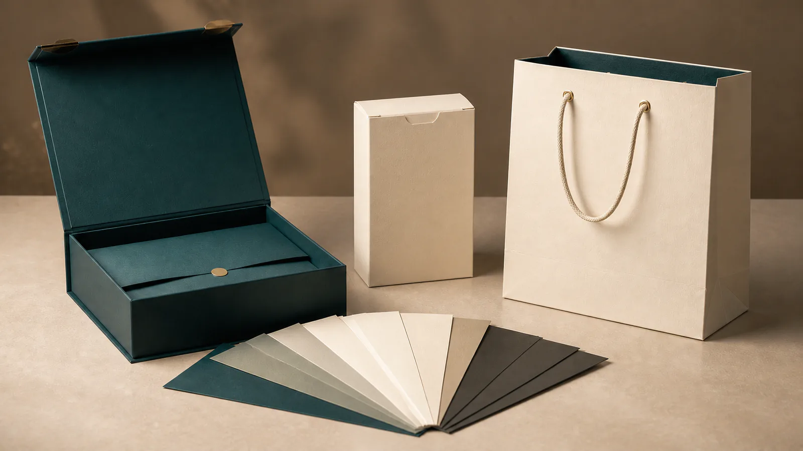 Deep teal and ivory packaging samples arranged around paper swatches and structural notes