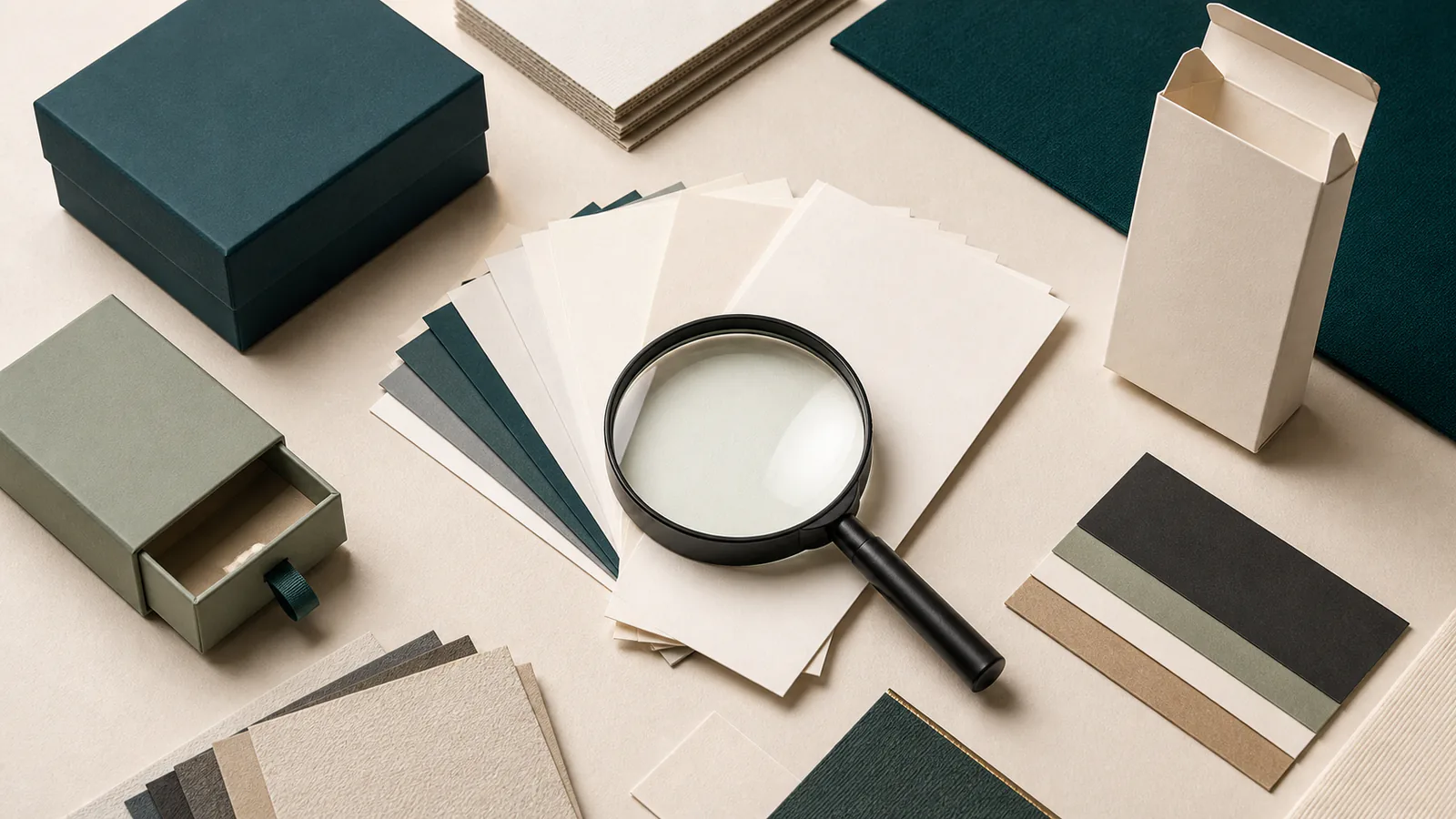 Packaging samples beside an organized library of blank material and structure reference cards