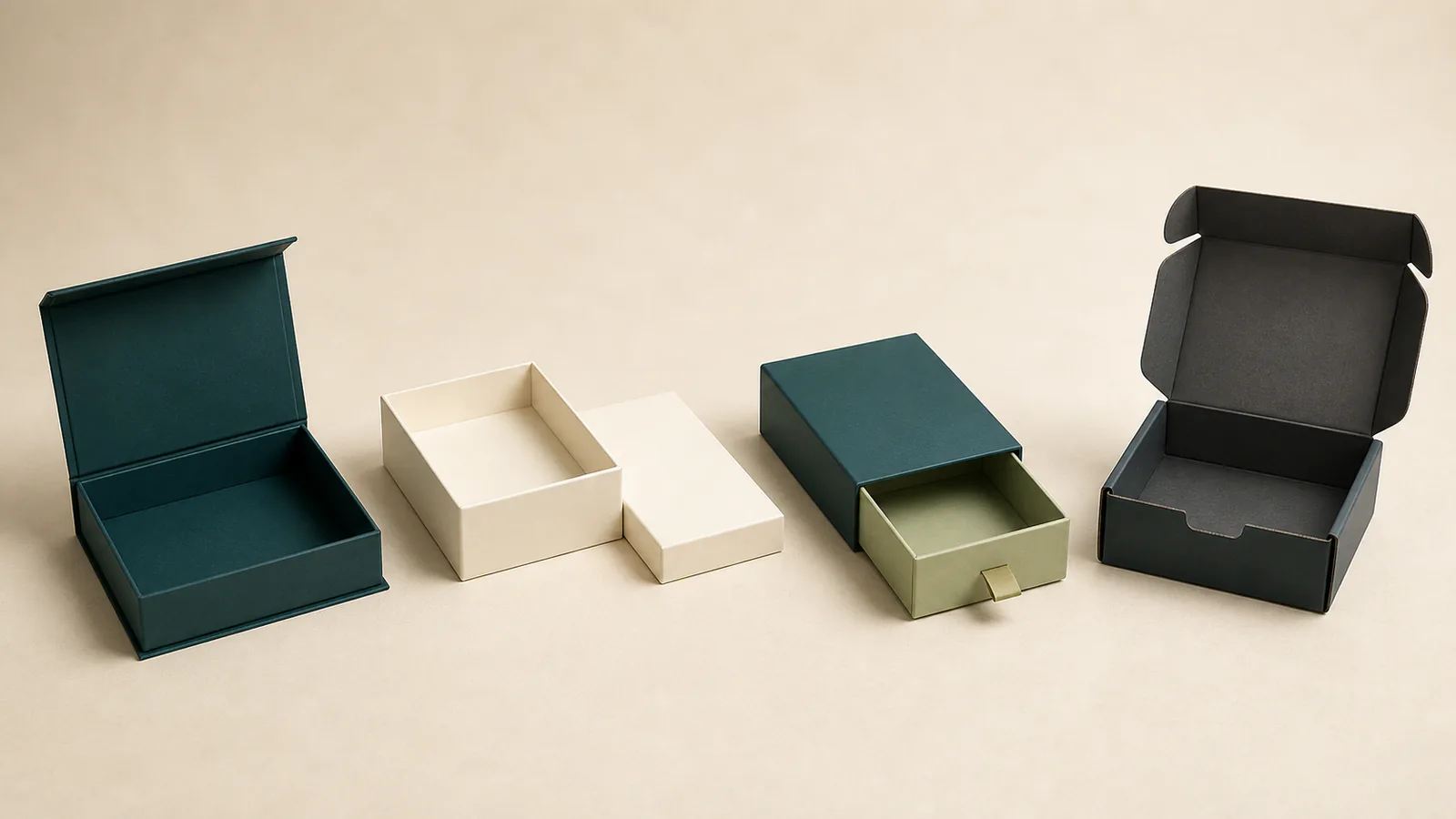 Magnetic lid and base drawer and mailer boxes shown as four distinct structures