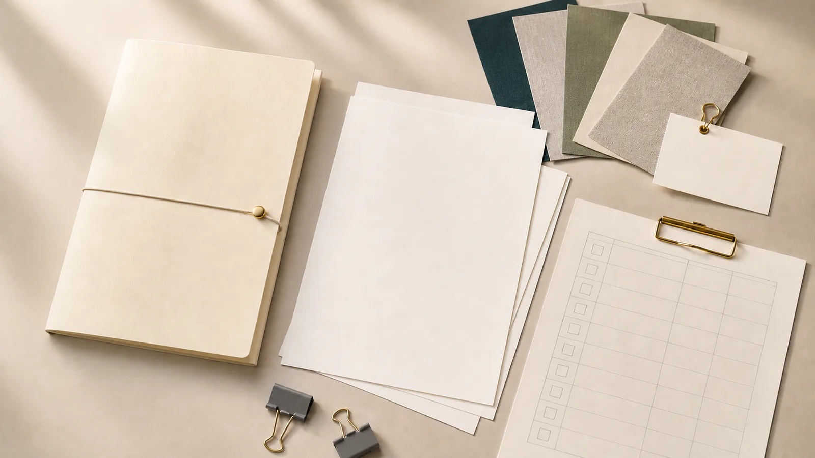 Blank specification sheets and paper samples arranged for project document review