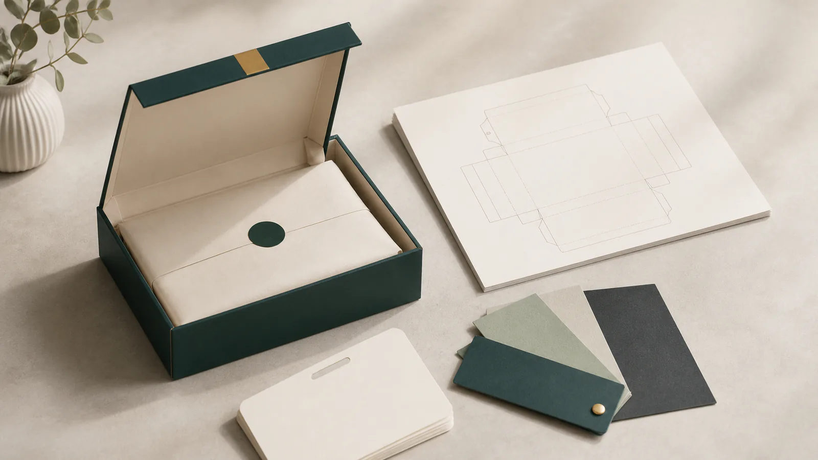 Packaging sample beside organized project specification cards and material swatches