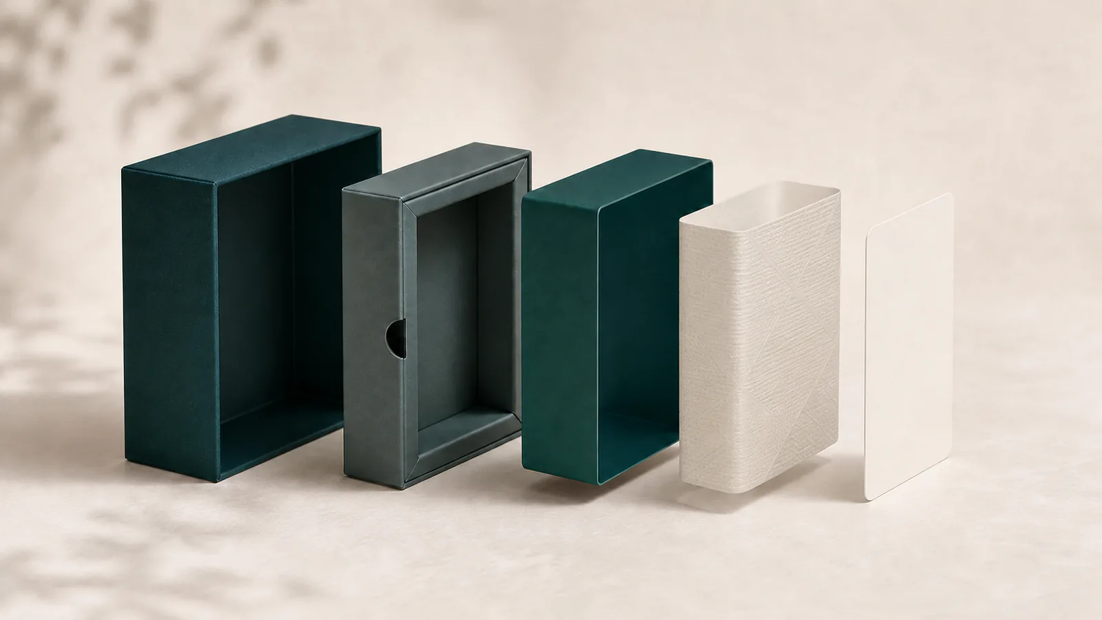 Exploded paper box concept showing structure material insert and finish choices