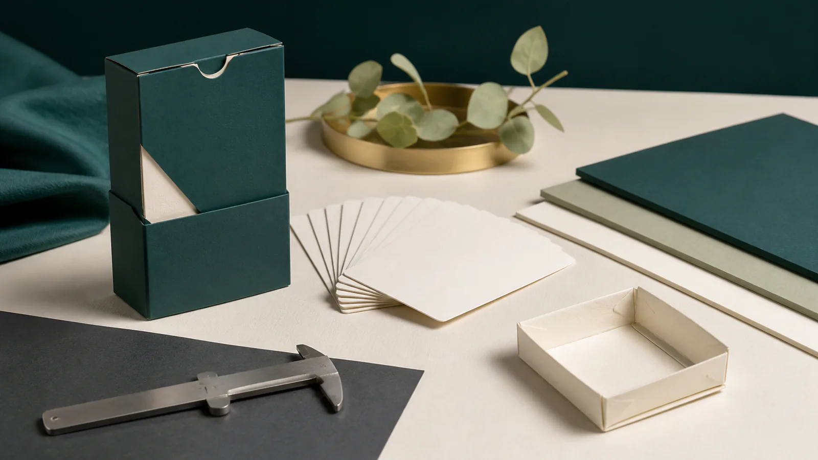 Paper box sample with organized blank answer cards material swatches and measuring tools