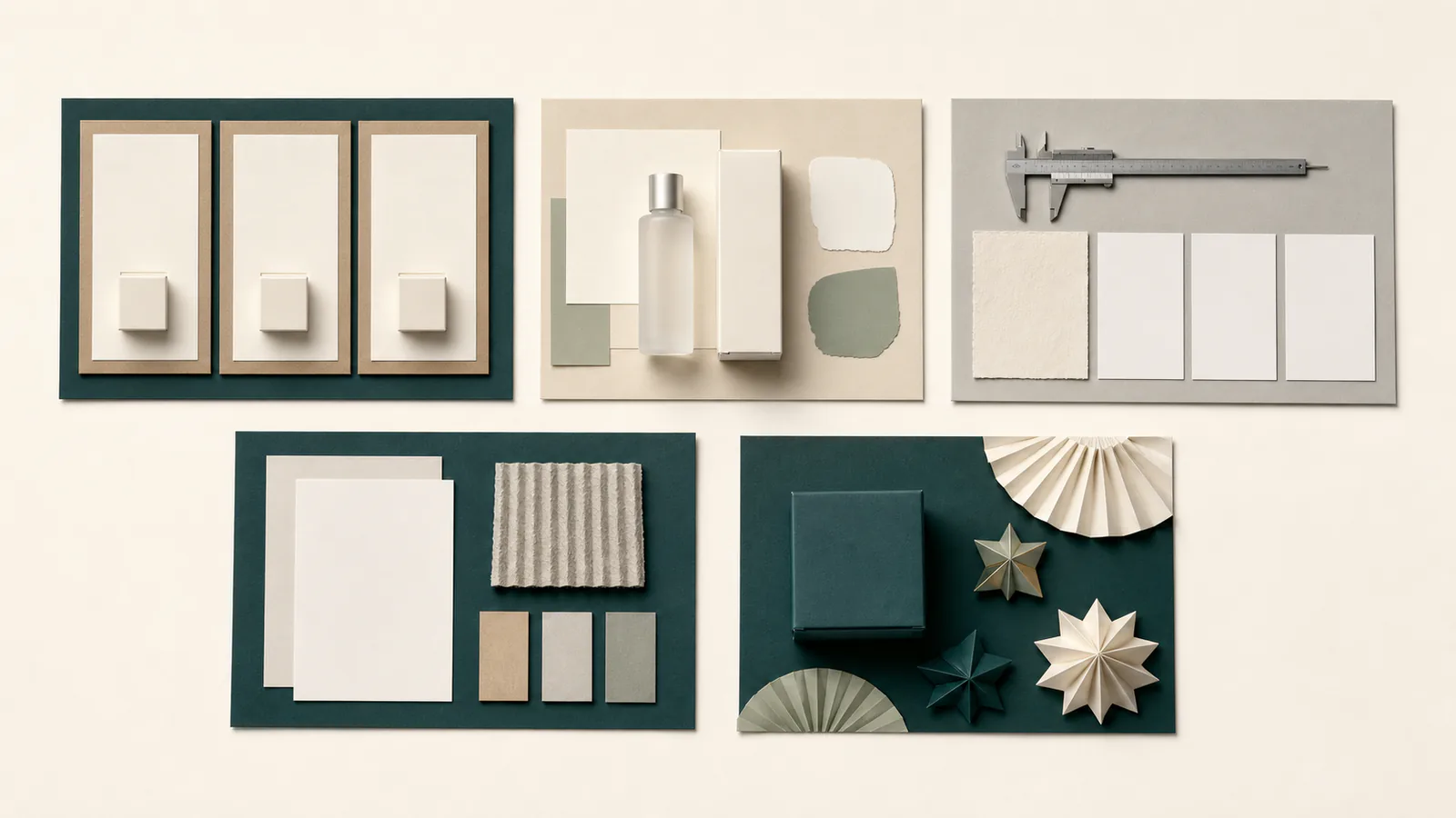 Five illustrative packaging campaign scenes arranged as a neutral concept portfolio