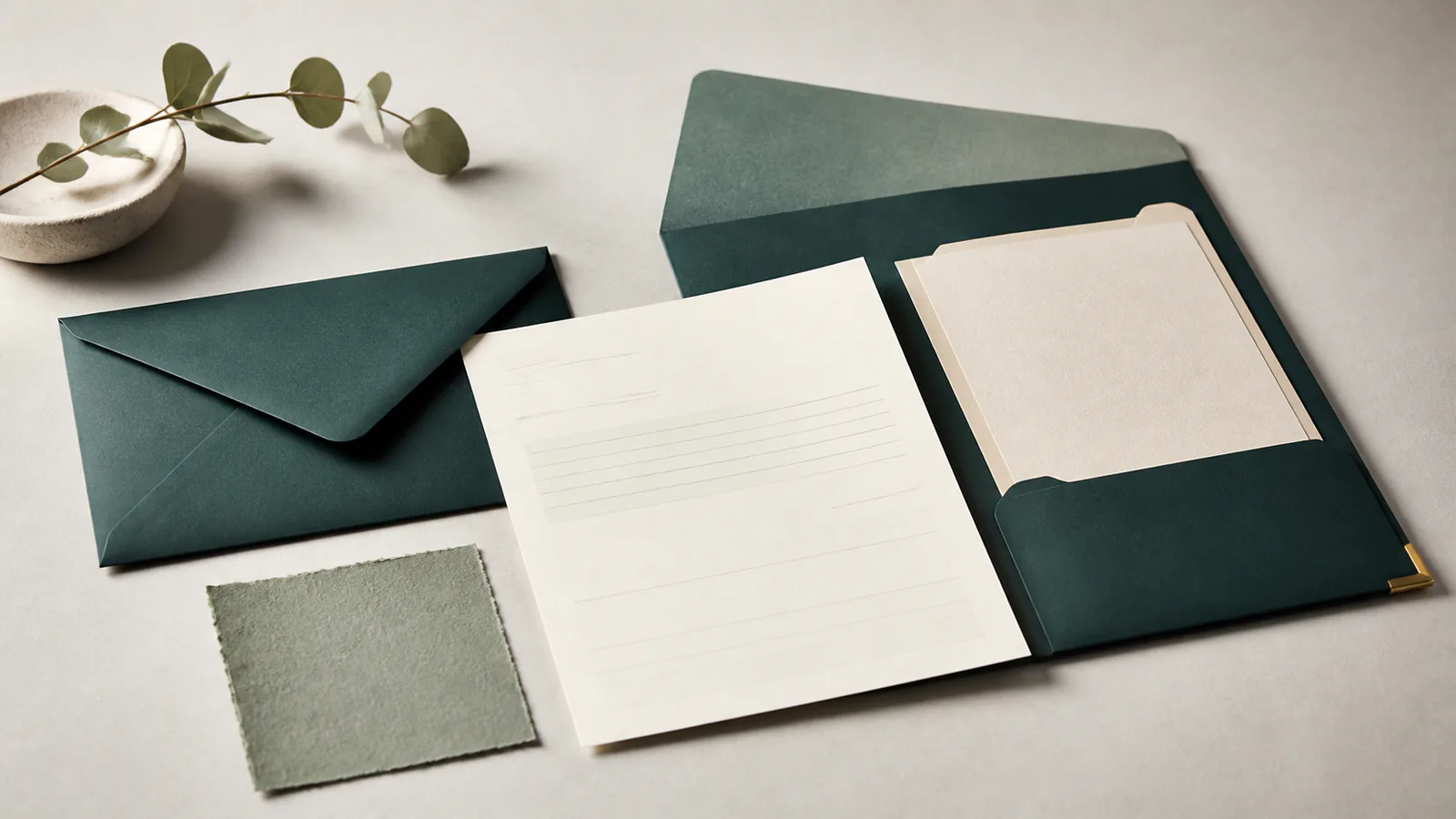 Closed envelope blank inquiry form and paper sample arranged on a private review desk