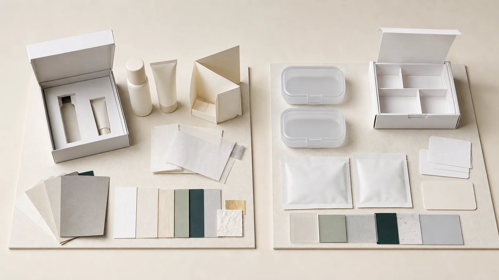 Two illustrative packaging planning boards for a beauty set and dental kit