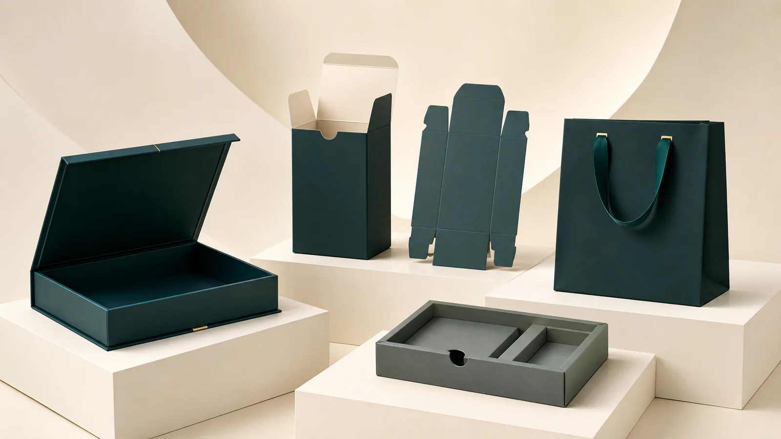 Nine distinct custom paper packaging product structures in a coherent premium lineup