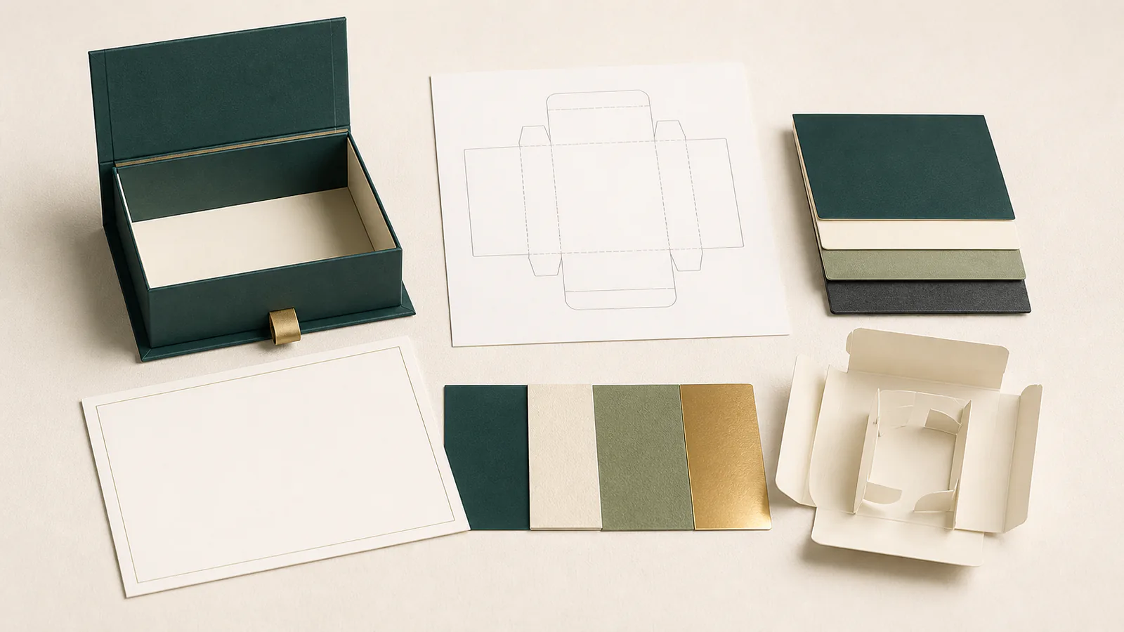 Box sample with dimension sketch quantity cards artwork sheet and finish swatches