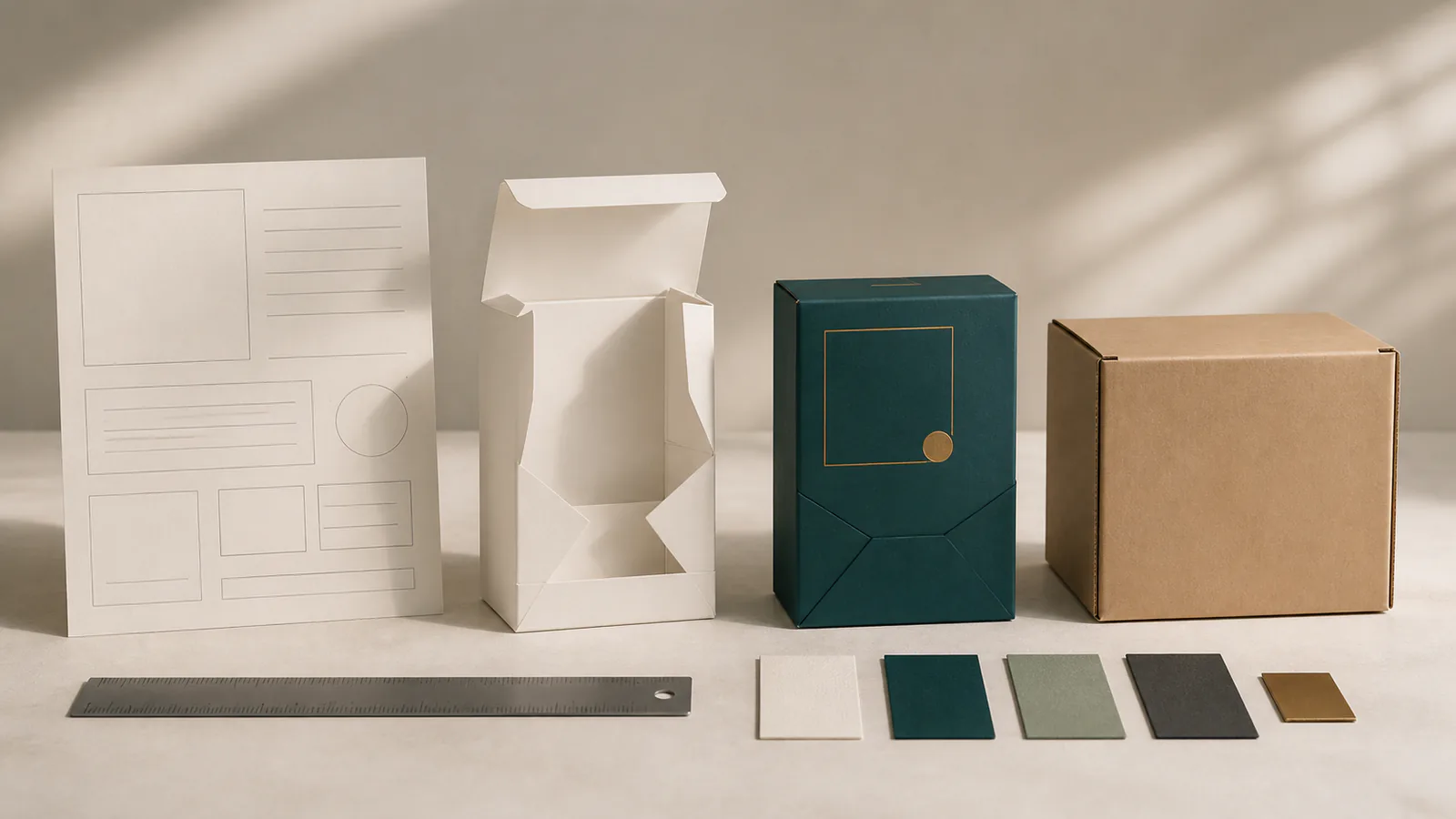 Packaging project stages shown through brief structure sample review and packed result